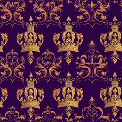 Luxurious purple and gold damask pattern featuring ornate crowns, ideal for regal or vintage-themed designs.