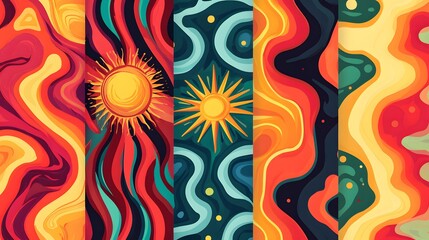 Abstract colorful pattern with sun and geometric shapes.