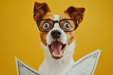 dog shocked by bills, yellow background, calculating taxes. great surprise. wearing glasses. II generation