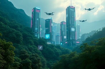 Obraz premium Futuristic Cyberpunk Cityscape at Dusk