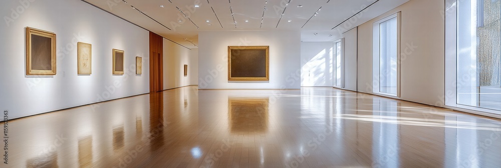 Aufkleber Luxurious art gallery featuring modern architecture and thoughtfully arranged artworks illuminated by natural light. Generative AI