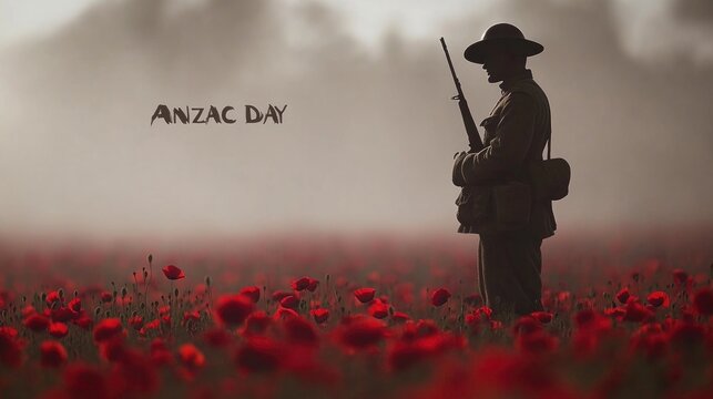 Silhouette of soldier in poppy field commemorating anzac day Happy ANZAC Day, Lest We Forget