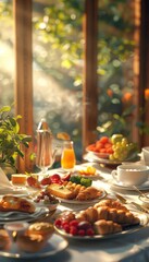 Naklejka premium Elegant hotel breakfast buffet with croissants, eggs, bacon, fruits, and warm morning sunlight