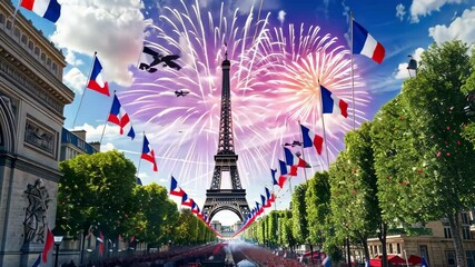Bastille Day celebrations in Paris with a military parade and fireworks at the Eiffel Tower - Powered by Adobe