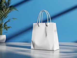 White isometric shopping bag displayed against a vibrant blue background with natural lighting