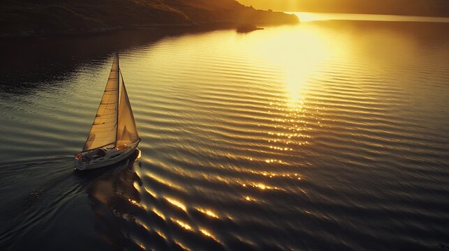 Sailboat sailing on golden sunset ocean waters