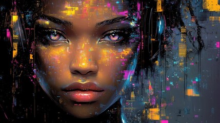 Abstract digital portrait of african woman with vibrant colors and tech elements