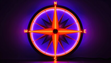 Colorful neon compass design showcasing vibrant lights, perfect for travel themed decor, exploration inspiration, and modern artistic expression