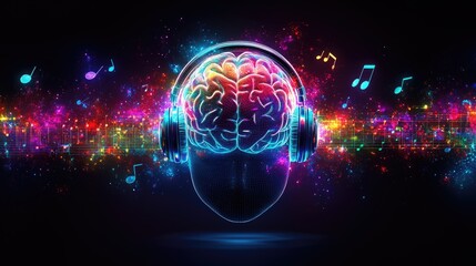 Obraz premium Vibrant brain with headphones and musical notes in neon colors