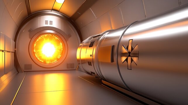 Futuristic Spaceship Corridor with Glowing Portal and Cryopod