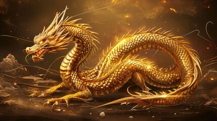 Fototapeta premium Glorious golden dragon with scales shimmering like sunlight. Serene and majestic creature of legendary status in mythology.