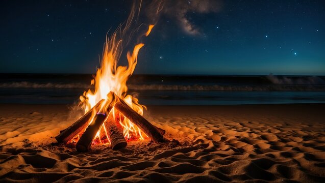 Campfire on beach at night with glowing flames and starry sky  Perfect for outdoor gatherings and relaxation by the ocean's edge