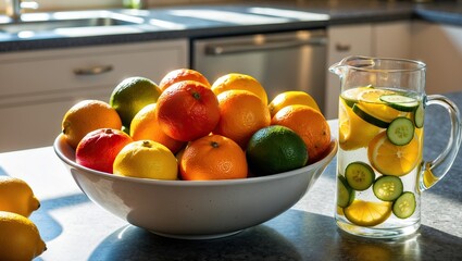 Vibrant bowl filled with assorted citrus fruits alongside a refreshing drink with sliced lemons and cucumbers, perfect for summer gatherings