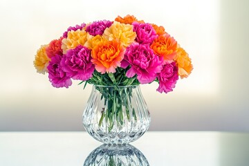 Fototapeta premium bouquet of vibrant carnations arranged neatly in crystal vase displayed on smooth reflective surface under diffused