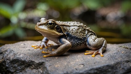 Obraz premium Close up of a frog sitting on a rock near a pond, showcasing vibrant colors and textures in a natural environment