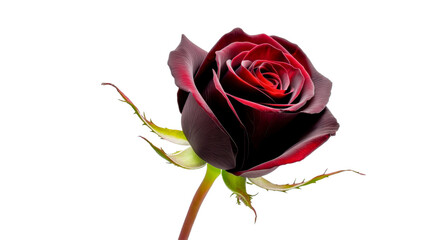 Deep red rose stands elegantly with lush green leaves in a simple white background, showcasing natural beauty