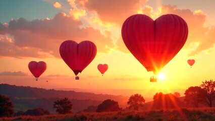 Fototapeta premium Balloons in the sky in the form of red hearts at dawn or sunset, in the sky with yellow-pink clouds. Festive mood.