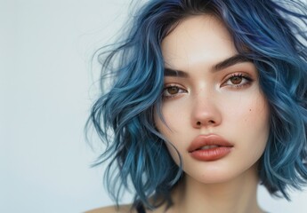 Naklejka premium Close-up of a woman with vibrant blue curly hair and natural makeup.