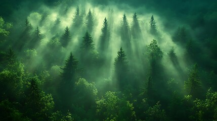 Fototapeta premium Sunbeams illuminating misty evergreen forest.