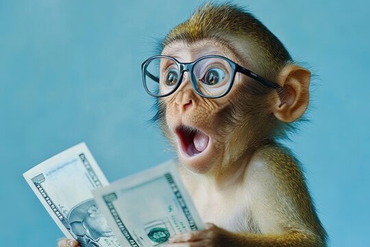 monkey shocked by bills, blue background, calculating taxes. great surprise. place for text. wearing glasses. II generation.