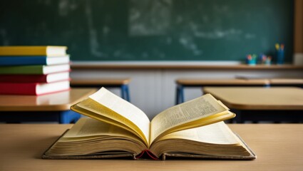 Open book on desk in classroom, surrounded by other educational materials  Represents knowledge, learning, and academic engagement