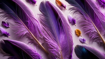 Fototapeta premium Vibrant display of purple feathers creates a colorful, artistic backdrop, ideal for design projects or creative decor