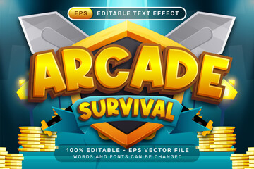 arcade survival 3d text effect with swords shield and gold treasure