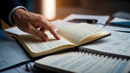Hand pointing at notes in a notebook on an office desk, reflecting a focused workspace and organized planning for business strategy and productivity