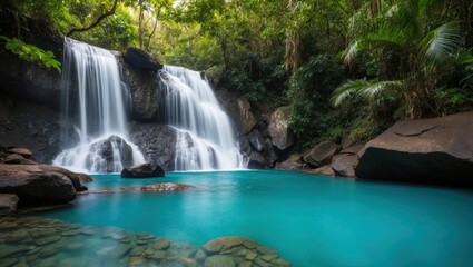 Fototapeta premium Majestic waterfall cascades into turquoise pool surrounded by lush tropical forest, creating serene atmosphere perfect for relaxation and exploration