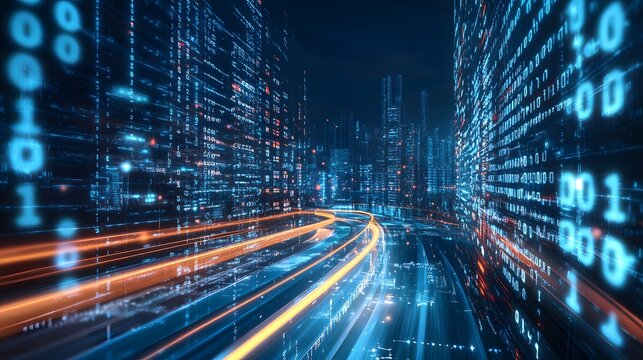 Digital Cityscape Highlighting Data Flow and Speed