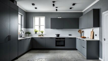 Fototapeta premium Modern kitchen showcases minimalist design with gray cabinetry, sleek appliances, and stylish decor, perfect for home cooking and culinary creativity