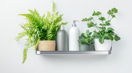 Sleek Bathroom Shelf Display with Organic Plants and Elegant Bottles for a Modern Aesthetic Home Decor Arrangement