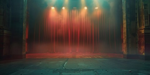 Stage with red curtains and lights. The stage is empty