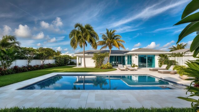 Modern villa with pool surrounded by palm trees and lush greenery  Bright blue sky creates a tranquil and relaxing atmosphere for outdoor living