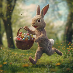 A cute bunny carries a basket full of colorful Easter eggs through a sunny forest. The image exudes a magical and spring-like atmosphere.