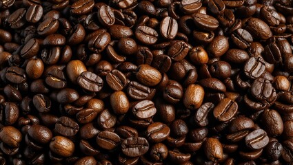 Fototapeta premium Rich dark roasted coffee beans create an aromatic background, perfect for coffee enthusiasts and culinary projects