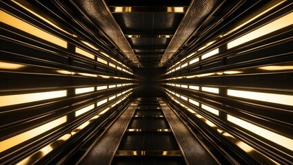 Modern elevator interior with sleek metallic lines and warm lighting, creating a futuristic atmosphere full of depth and perspective
