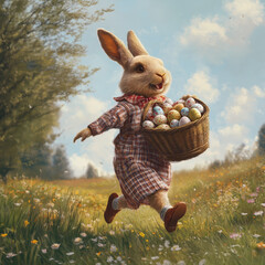 A cute bunny carries a basket full of colorful Easter eggs through a sunny forest. The image exudes a magical and spring-like atmosphere.