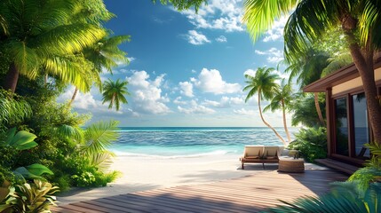 Fototapeta premium Tropical Beach House with Lounge Chairs and Ocean View