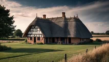 Fototapeta premium Traditional thatched roof house set in a tranquil countryside landscape with a green lawn and open fields, showcasing rustic charm and architectural heritage