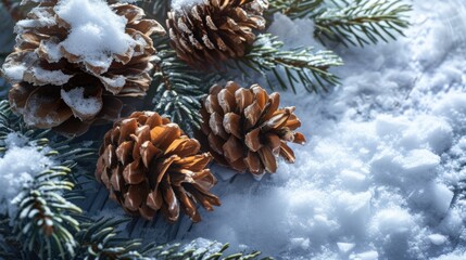 The image shows a festive winter scene with pine cones and branches covered in freshly fallen snow. The setting suggests holiday decoration, possibly for Christmas time.
