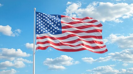 Fototapeta premium American flag waving in blue sky with clouds Happy 4th of July, Independence Day USA