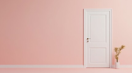 Minimalist Interior with White Door Against Soft Pink Wall and Potted Plant, Ideal for Home Decor, Interior Design Concepts and Modern Aesthetic Inspirations
