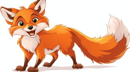Obraz premium A cheerful cartoon fox with a bright orange coat, large ears, and a bushy tail, playfully standing and smiling.