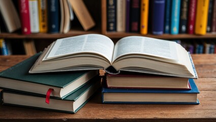 Fototapeta premium Open book on stack of books with wooden table backdrop Ideal for education, reading, or library themed concepts