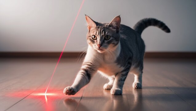 Energetic cat plays with a laser pointer, showcasing curiosity and playful behavior in a cozy indoor setting