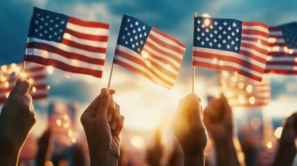 Hands holding american flags at a patriotic celebration event Happy 4th of July, Independence Day USA