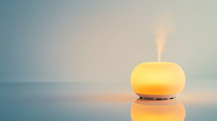 glowing aromatherapy diffuser placed on matte white background with faint reflections