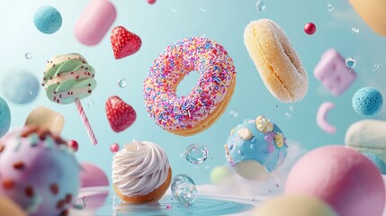 Playful floating donuts and sweets in pastel colors