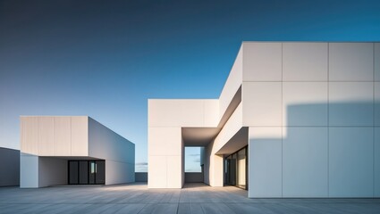 Modern white buildings with geometric shapes under clear blue sky  Minimalist design emphasizes clean lines and innovative architecture